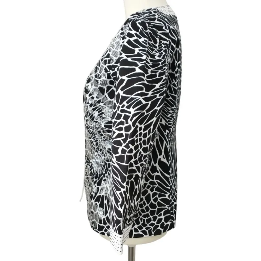 Chicos Floral Sequin Jacket S White Black Embellished 3/4 Sleeve Button‎ Front
